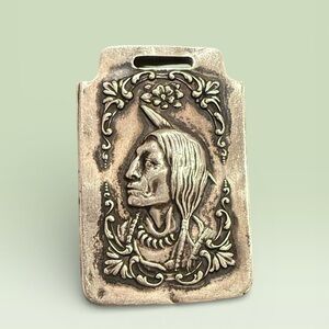 Vintage Silver-Tone Western Native American Chief Luggage Tag